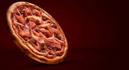 Brazilian pizza with mortadella and green olive. Side view on red background, close up. Traditional Brazilian Pizza