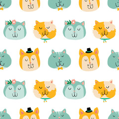 Doodle cute cats and kitties pattern vector