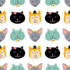 Doodle cute cats and kitties pattern vector