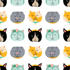 Doodle cute cats and kitties pattern vector