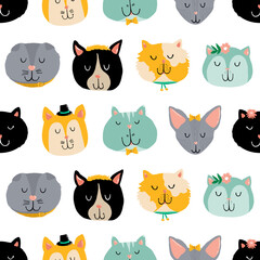 Doodle cute cats and kitties pattern vector