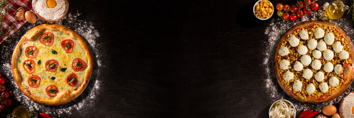 Pizza with broccoli, heart of palm and dried tomato. Top view, close up. Traditional Brazilian Pizza