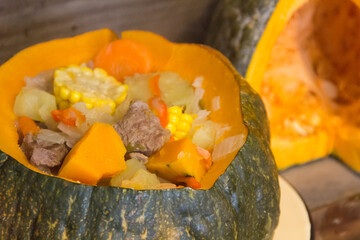 carbonada served in pumpkin typical food of the Argentine gastronomy, Chile, Bolivia and Peru.
