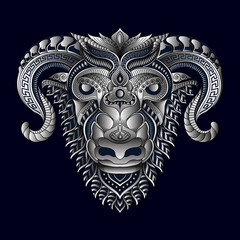 Stylized goat in ethnic vector dark background with silver color
