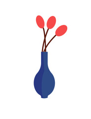 Blue vase with red flowers. Decorative interior object. Vector cartoon flat illustration isolated on white.