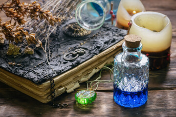 Book of magic on the table. Witchcraft concept background.