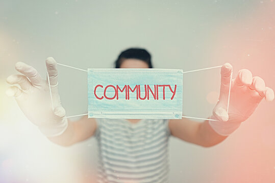 Text sign showing Community. Business photo text group of showing with a common characteristics living together Promoting health awareness with set of medical precautionary equipment
