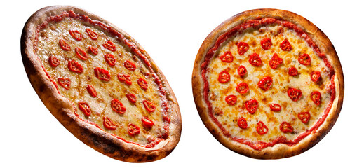 Red pepper and cheese Pizza. Top view on white background, close up. Traditional Brazilian Pizza.