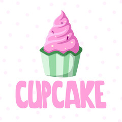 Cute happy birthday gift card with a picture of delicious cupcake and lettering.