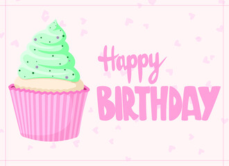 Cute happy birthday gift card with a picture of delicious cupcake and lettering.