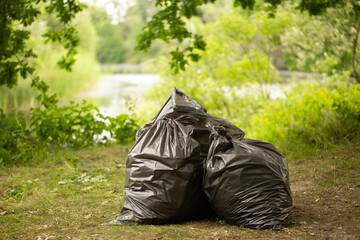 Garbage bags. Big full black garbage bags. Cleaning in nature.
Garbage bags. Big full black garbage bags. Cleaning in nature. Garbage collection for yourself. Earth Day. Saturday clean-up. Nature day