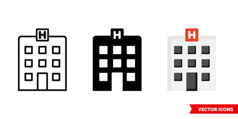 Hospital icon of 3 types. Isolated vector sign symbol.