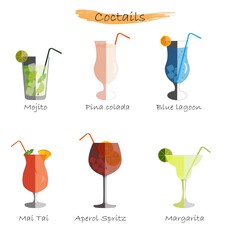 cocktails set, mojito, pina-colada, blue lagoon, mai tai, aperol Spritz, margarita, vector illustration © Valentina