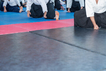 People in kimono on aikido training seminar