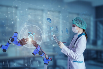 Innovative technology in science and medicine concept. Collage containing 3d illustration elements