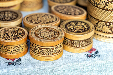 Casket of birch bark with painted closeup