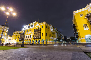 LIMA, PERU: Night view of The Municipal Palace of Lima is located in the Historic center of the city