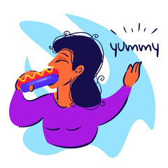 Stock vector illustration of happy girl who eats hot dog on white isolated background. Flat fast food design style for poster, menus, brochure, web and mobile application. Yummy.