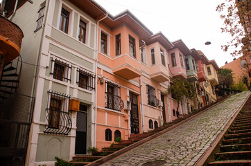 Hill with stairs and colorful houses, Balat, istanbul