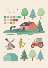 Obraz na płótnie Canvas Large set of farming or agriculture icons with trees, barns, cow, windmill, farmer and tractor, colored vector illustration