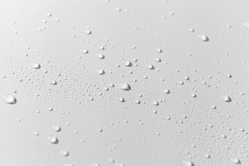 Close up of water drops on white background.