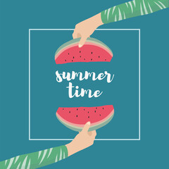 Summer sale and welcome poster with hand holding a tropical watermelon slice. Summer background.