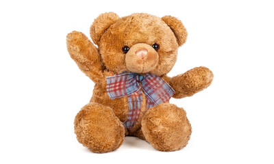 Teddy bear seatedr on white background.
