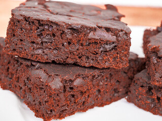 Close-up of the structure and pieces of beet, inside home made chocolate beetroot brownies