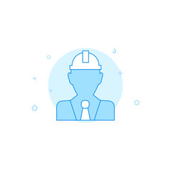 Civil engineer, developer in hard hat flat vector icon. Filled line style. Blue monochrome design. Editable stroke