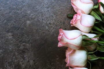 Pink and white roses on a brown background with place for text. Fresh flowers