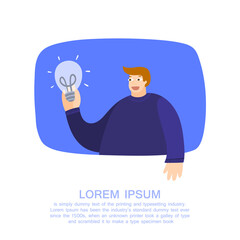 Creativity concept. Man holding a lamp as a symbol of ideas. Creative problem solving. Result creative approach. Vector illustration flat style design. Handsome young man holding light bulb - vector
