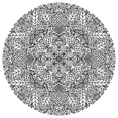mandala with abstract floral ornaments in folk style drawn on a white background for coloring, vector