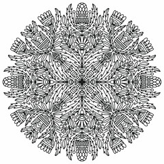 floral folk style and leaves forming a drawn mandala on a white background for coloring, vector
