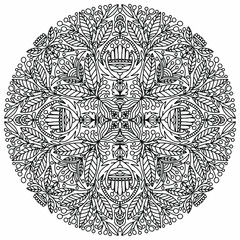mandala with floral folk style and leaves drawn on a white background for coloring, vector