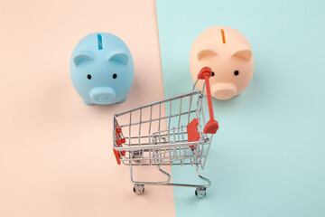 Shopping concept, economy, savings. Two piggy bank with supermarket trolley on colorful background