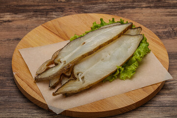 Delicous smoked halibut slices snack