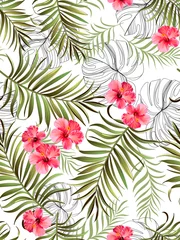 Foto op Plexiglas Seamless tropical pattern with jungle flowers and leaves. © Logunova  Elena
