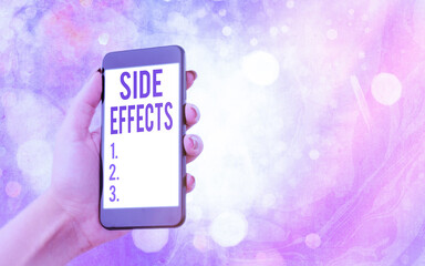 Text sign showing Side Effects. Business photo showcasing Typically undesirable effect of a drug or...