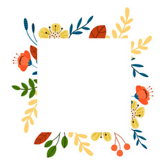 Vector floral frame with cute flowers and leaves. Frame for postcard, web design, or post in social networks.