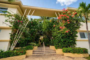 Fototapeta na wymiar Residential apartments with colorful garden