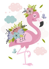 poster with lovely floral pink flamingo-  vector illustration, eps
