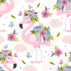 seamless pattern with beautiful pink flamingo and flowers