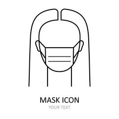 Icon of woman wearing mask.  Person in antiviral masks. Illustration on the theme of coronavirus. Linear symbol.