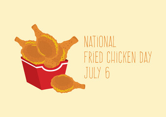 National Fried Chicken Day vector. Crispy fried chicken drumsticks in a red box vector. A bucket of fried chicken pieces. Favorite fast food meal icon. Fried Chicken Day Poster, July 6. Important day