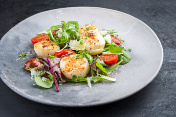 Traditionelle gegrillte Jakobsmuscheln mit Tomaten, Salat und italienischen Parmesan Käse angeboten als close-up auf einem Modern Design Teller