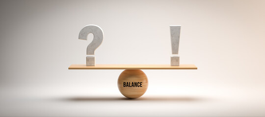 wooden scale balancing a question mark and an exclamation mark on white background