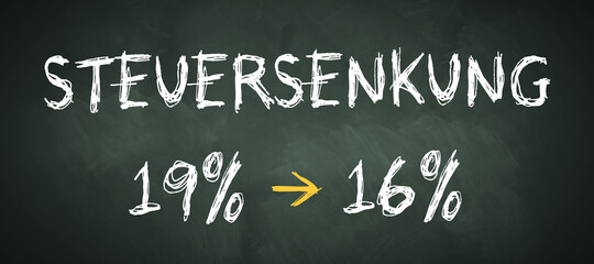 information about the temporary German VAT reduction in 2020 from 19% to 16% on a blackboard