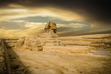 The great Sphinx of Giza in a beautiful moody sunset, Cairo, Egypt