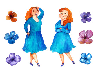 Plus-size lady in a blue dress. Body positive collection. Romantic dress lady with flowers. Red-haired women. Isolated elements on white.
