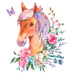 Watercolor floral horse illustration isolated on white background. Animal kids natural collection